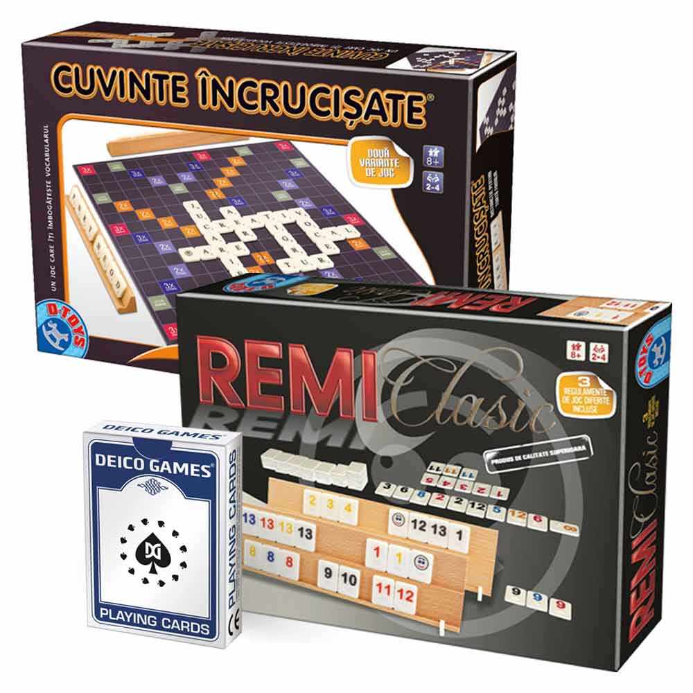 Set jocuri clasice: REMI + Cuvinte încrucișate + CADOU Cărți de joc