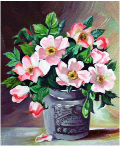Tablou PM610 Trandafiri salbatici roz in vaza, Picteaza dupa numere, cu rama de lemn, 20 x 30 cm