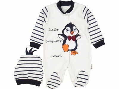 Salopeta Pinguin si Caciulita, Pentru Bebelusi, Bumbac 100%, 0-6 luni