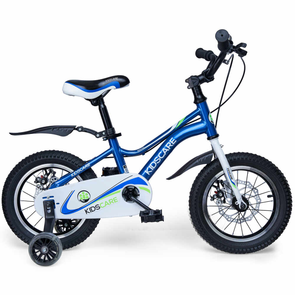 Bicicleta pentru copii 3-6 ani KidsCare HappyCycles 14 inch cu roti ajutatoare si frane pe disc albastru