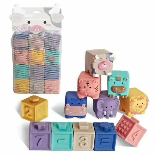 Set 12 cuburi silicon copii, jucarie educationala colorata, Empria, Animale si Cifre