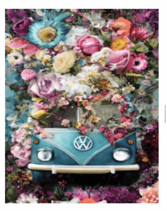 Tablou GM518 Camioneta cu flori, Pictura cu Diamante, Goblen cu pietre 5D, cu rama de lemn, 40 x 50 cm