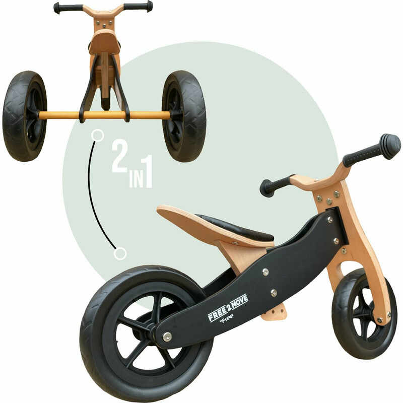 Bicicletatricicleta fara pedale Free2Move din lemn 2 in 1 brownblack 1-3 ani