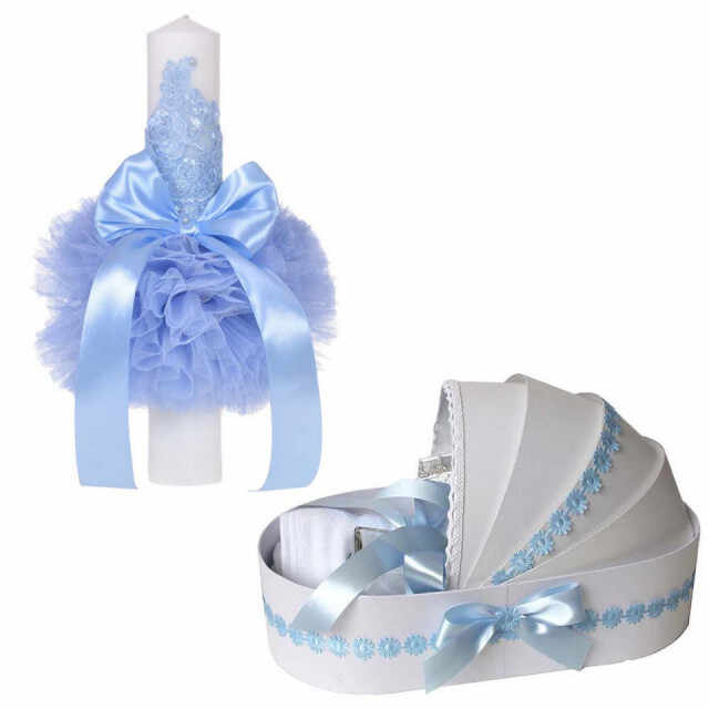 Lumanare botez glob cu dantela si trusou botez in landou, decor Bleu cu floricele, Denikos® 752