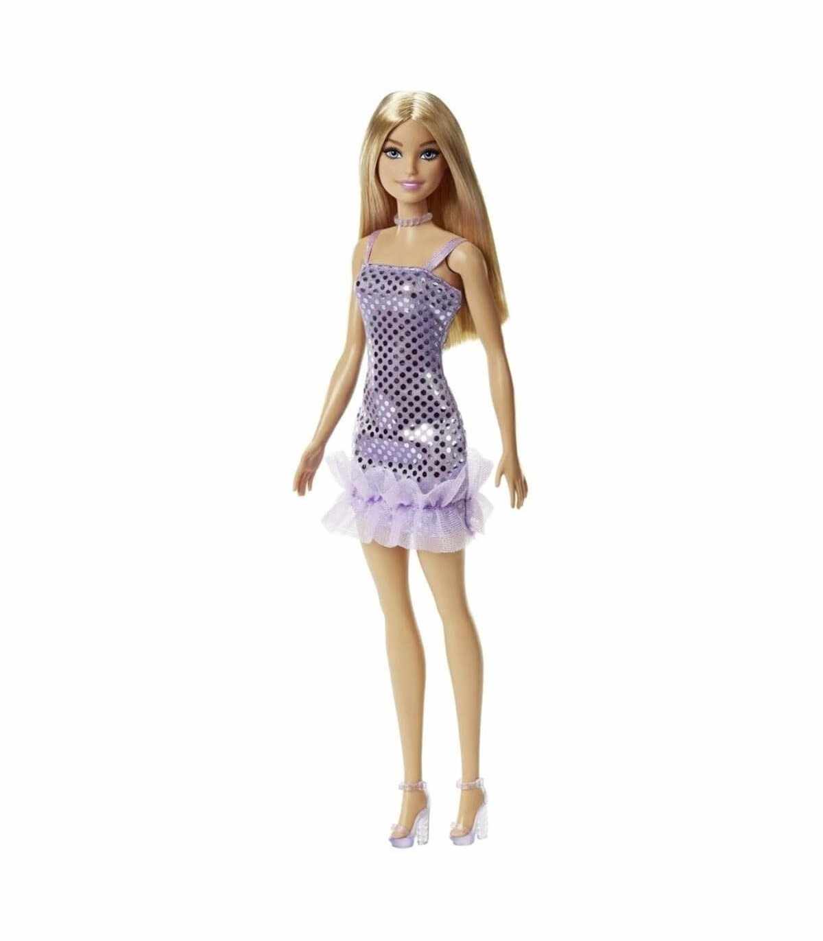Papusa - Barbie tinute stralucitoare blonda cu rochita mov | Mattel