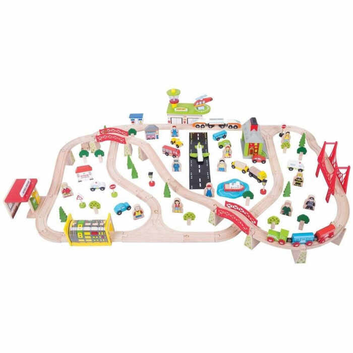 Circuit auto si feroviar (125 piese), BIGJIGS Toys, 2-3 ani +
