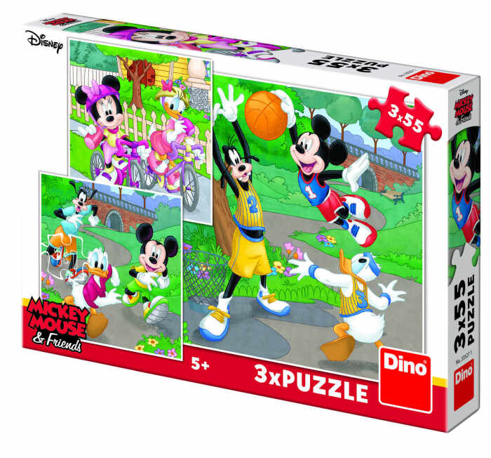Puzzle 3 in 1 - Mickey si Minnie sportivii (55 piese), Dino, 4-5 ani +