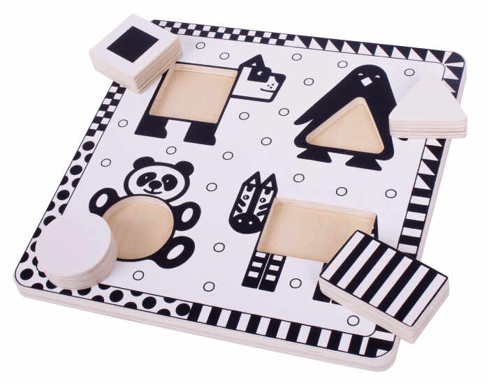 Puzzle alb-negru - animale si forme, BIGJIGS Toys, 1-2 ani +