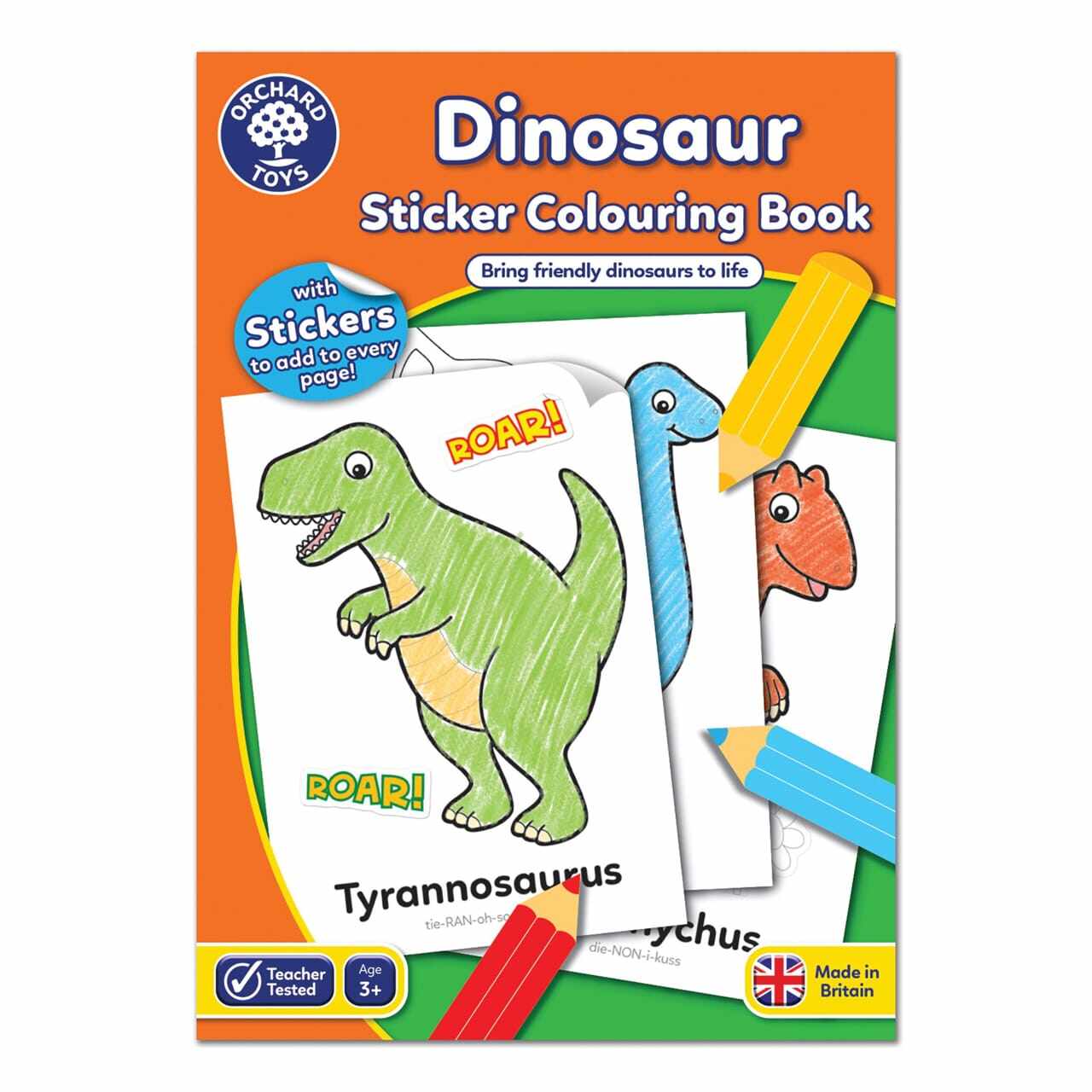 Carte de colorat cu activitati in limba engleza si abtibilduri Dinozaur DINOSAUR, Orchard Toys, 2-3 ani +