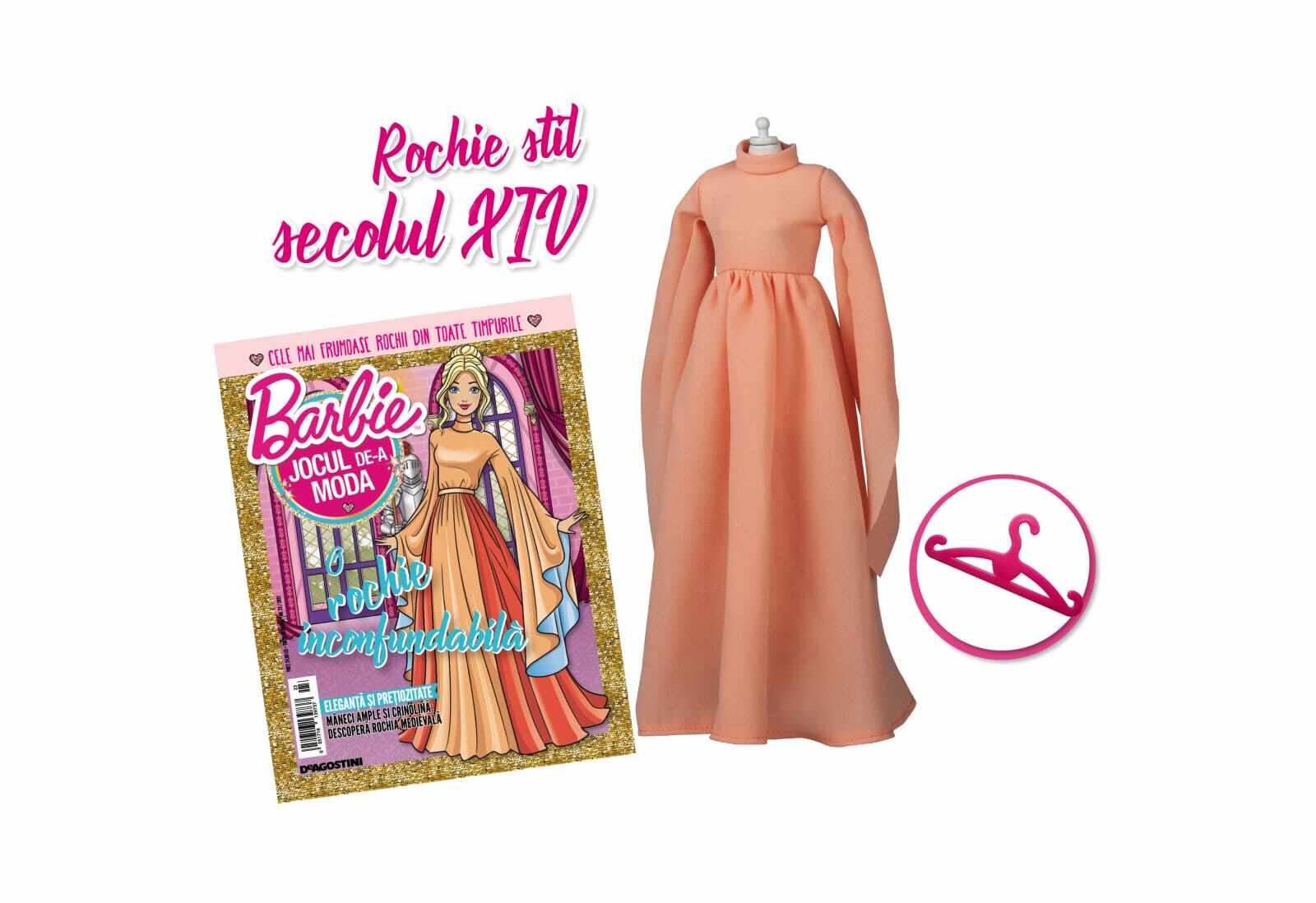 Colectia Barbie Jocul de-a Moda - Nr. 23 - Rochie stil secolul XIV, DeAgostini, 2-3 ani +