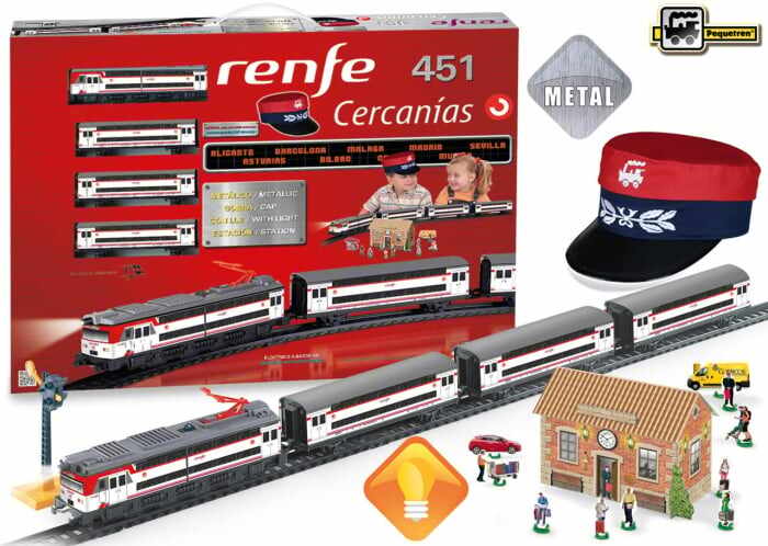 Trenulet electric calatori Cercanias RENFE 451 metalic, cu lumina si sapca conductor tren, Pequetren, 2-3 ani +