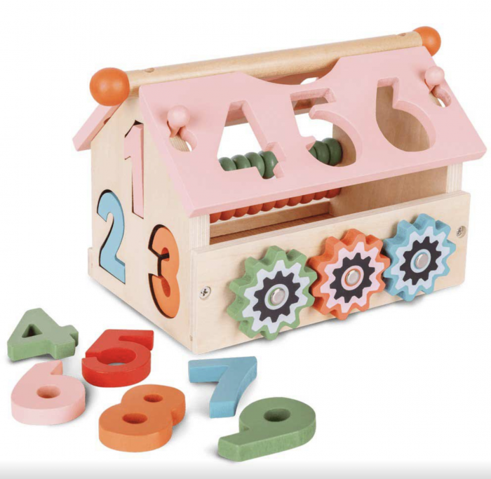 Jucarie multifunctionala Montessori Casuta Educativa cu abac si cifre de sortat