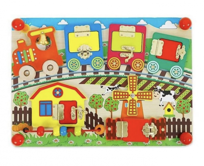 Plansa Montessori cu 7 activitati, trenul si ferma, din lemn