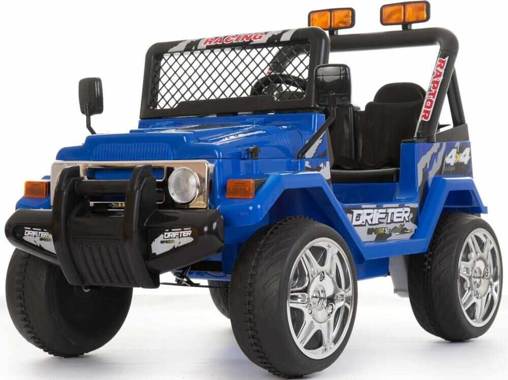 Masinuta electrica cu doua locuri si roti din plastic Drifter Jeep 4x4 Albastru