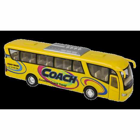 Autobuz sportiv die-cast Coach, cu functie pull-back, 18 cm lungime, galben
