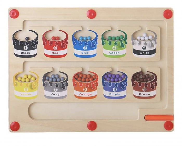 Joc Montessori Labirintul Caldaruselor cu bile, cifre si culori din lemn
