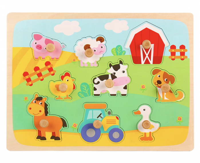 Puzzle incastru cu piese groase pentru copii Animale Domestice de Ferma, 9 piese, multicolor, din lemn