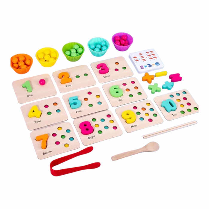 Jucarie Montessori multifunctionala de sortare si numarare, cu cifre, bilute si cartonase