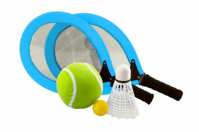 Set de 2 palete tenis moi pentru parc si plaja - 2 mingi si fluturas badminton, in rucsac, culoare albastru