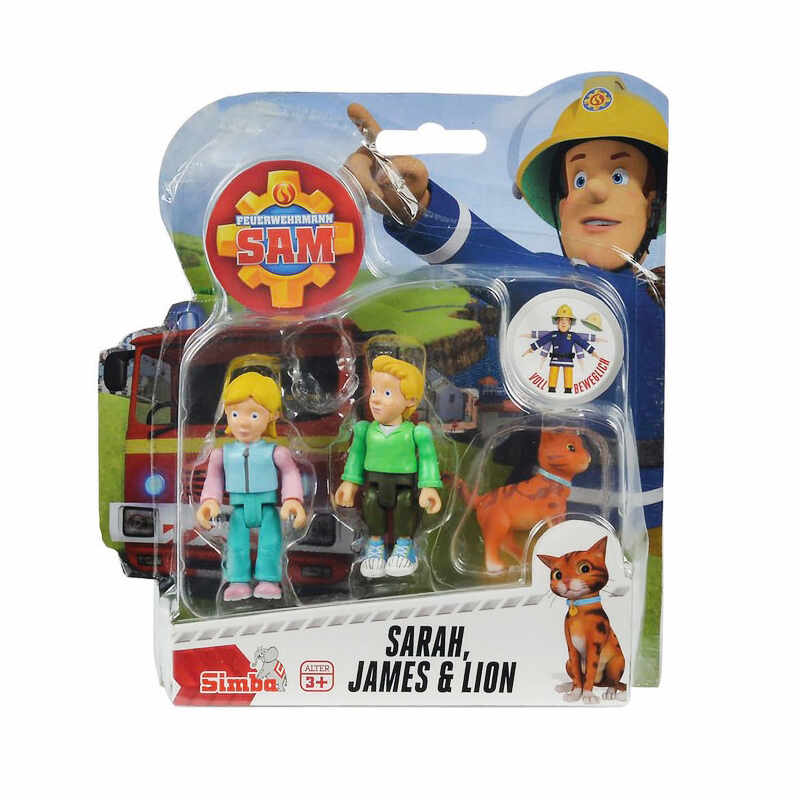 Set 3 figurine articulate Pompierul Sam, Sarah, James si Lion, 7.5 cm
