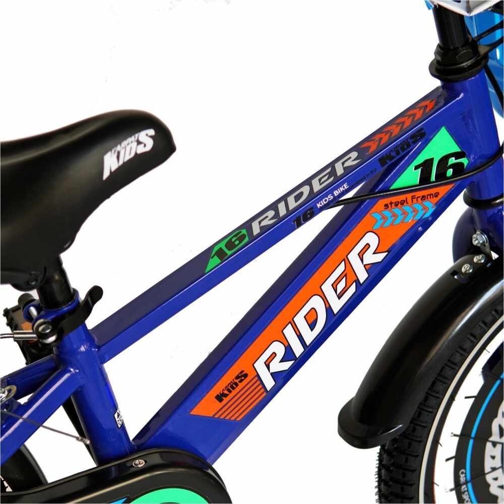 Bicicleta Carpat Rider C1607C 16 V-Brake cu cosulet si roti ajutatoare 4-6 ani albastruportocaliu