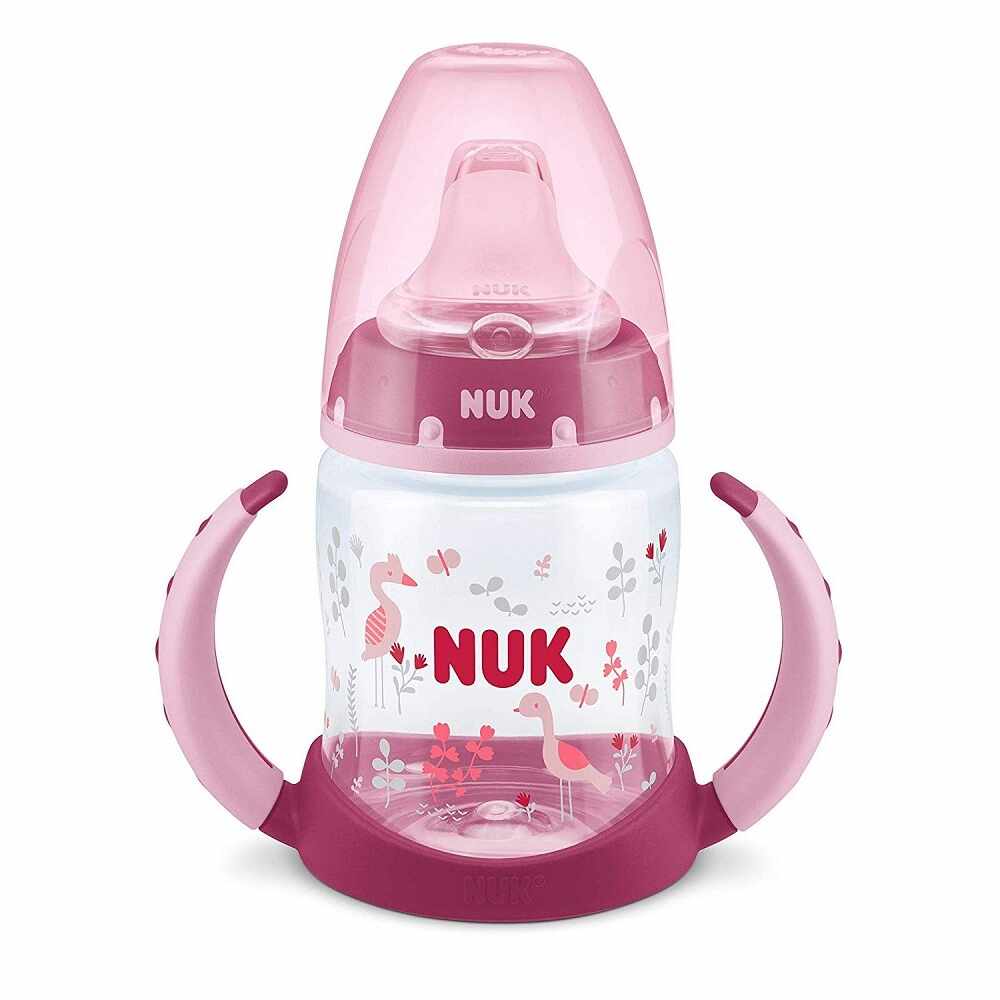 Biberon Nuk First Choice 150ml cu toarte si adaptor din silicon roz 6 luni+