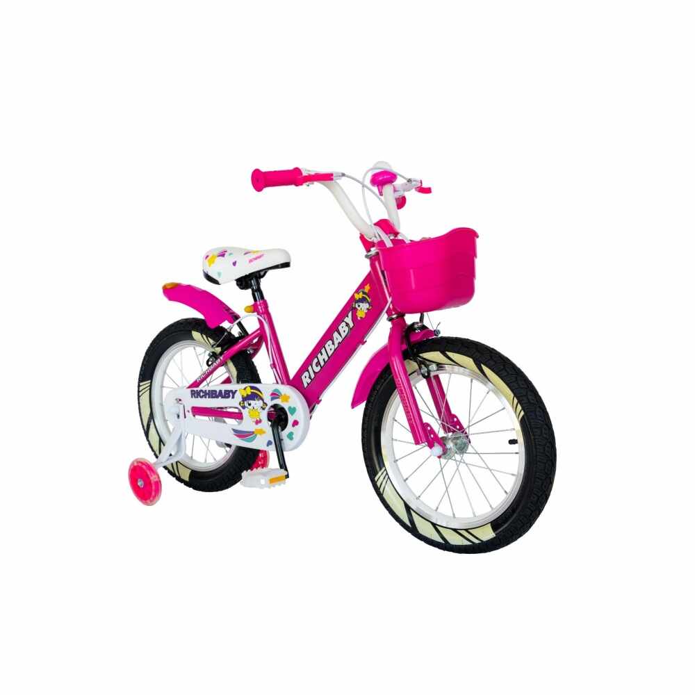 Bicicleta fete Rich Baby R1808A 18 inch C-Brake otel cu cosulet si roti ajutatoare cu led 5-7 ani fucsiaalb