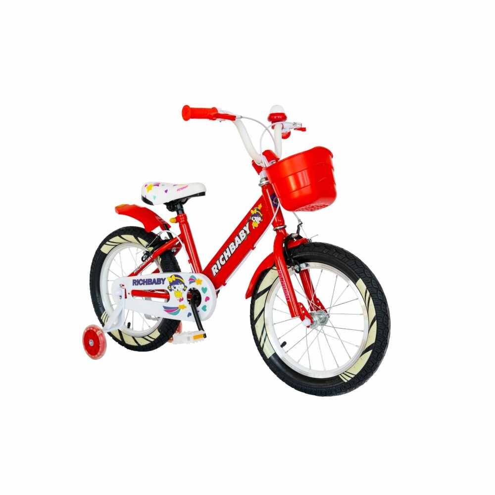 Bicicleta fete Rich Baby R1808A 18 inch C-Brake otel cu cosulet si roti ajutatoare cu led 5-7 ani rosualb