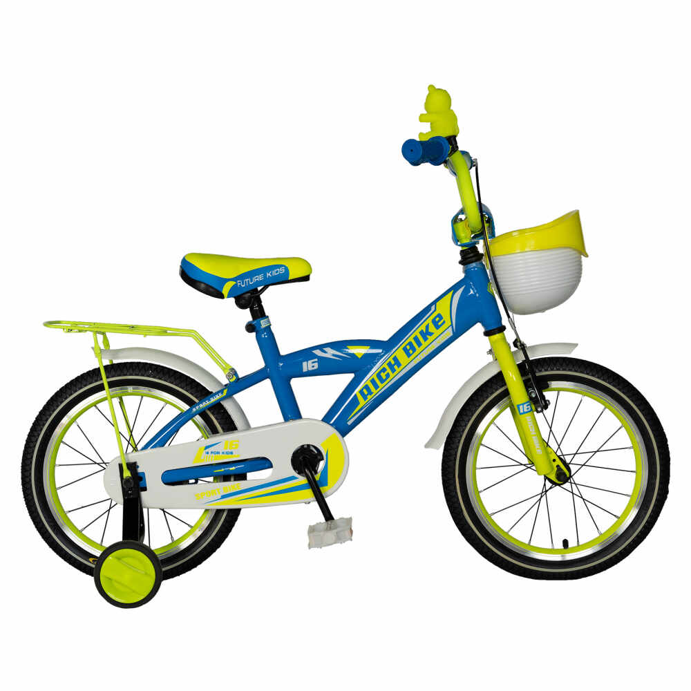 Bicicleta baieti Rich Baby T1603C 16 inch V-Brake cu roti ajutatoare 4-6 ani albastrugalben