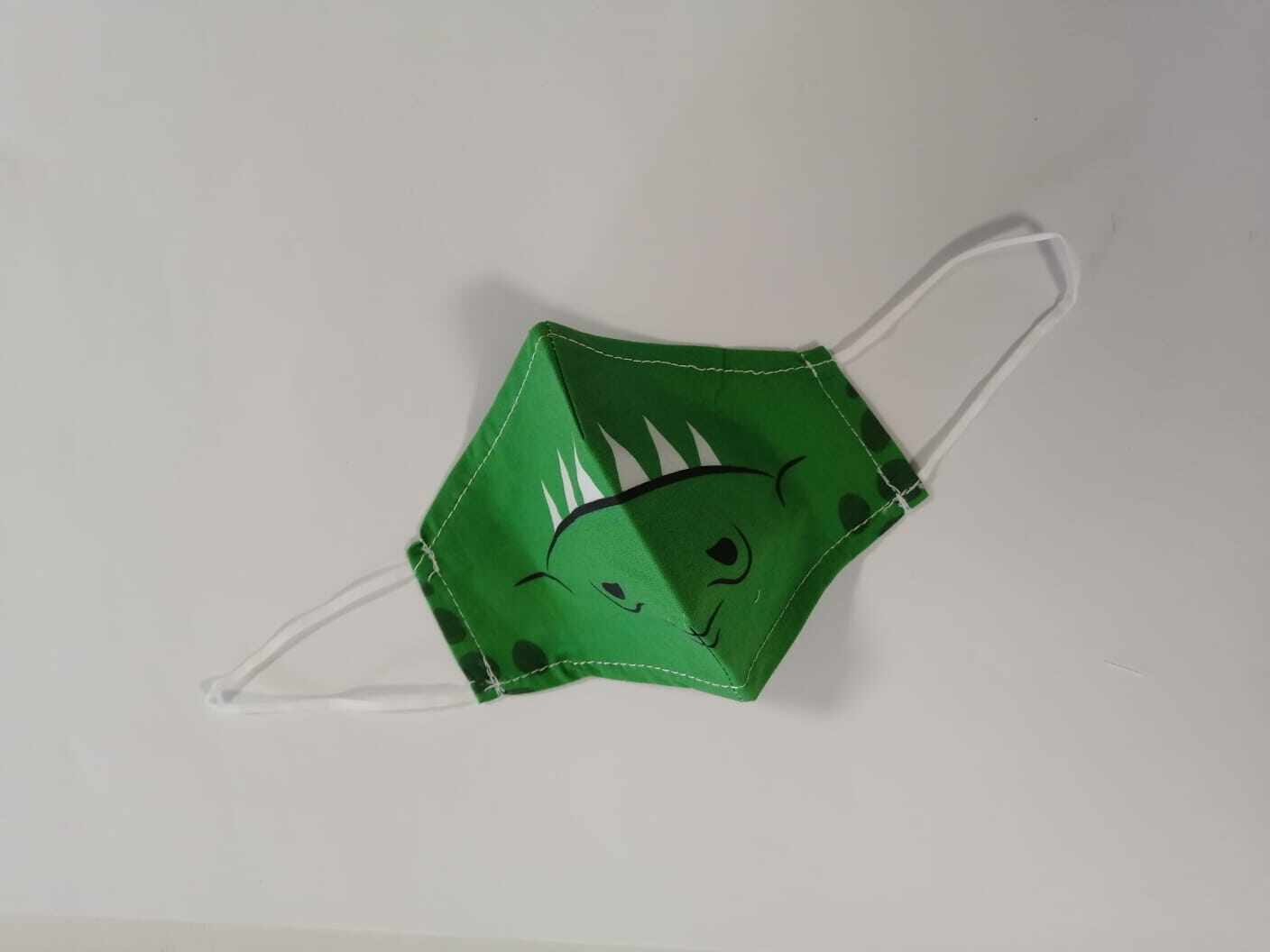 Masca textila cu pliuri, reutilizabila, 2 straturi, verde model dinozaur