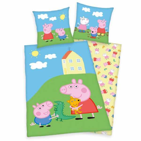 Lenjerie de pat 2 piese Peppa Pig pentru copii reversibila