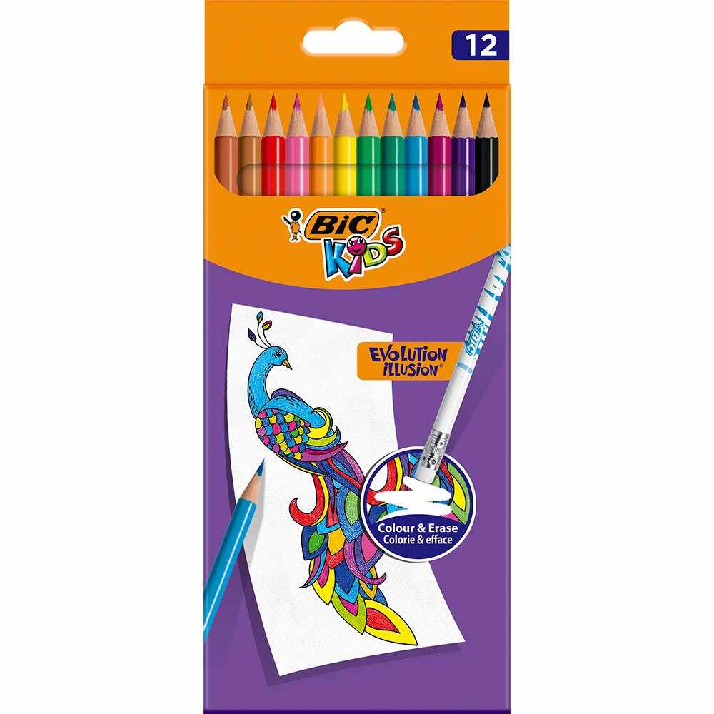 Creioane colorate cu guma de sters Evolution Illusion Bic, 12 culori